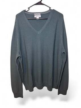 Lands’ End Men’s XL Green 100% Merino Wool V-Neck Textured Knit Sweater